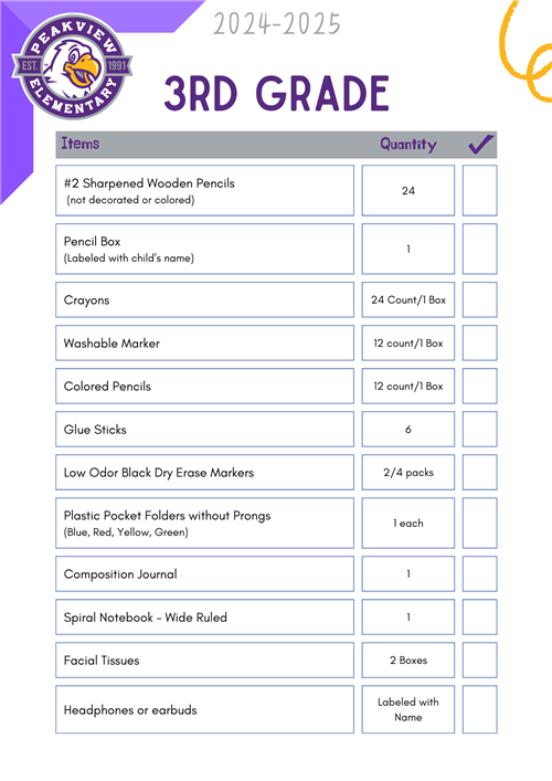 3rd Grade Supply List 